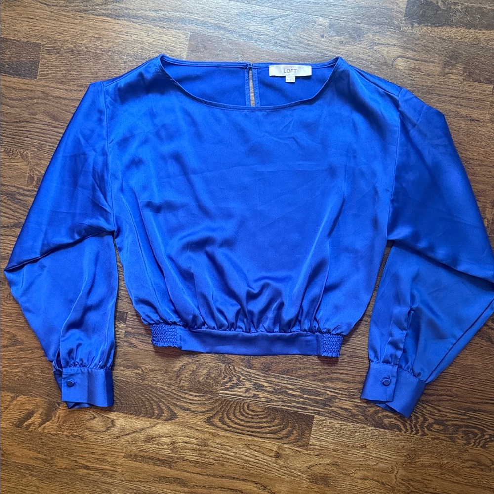 LOFT Cobalt Blue Satin Long Sleeve Blouson Cropped Top